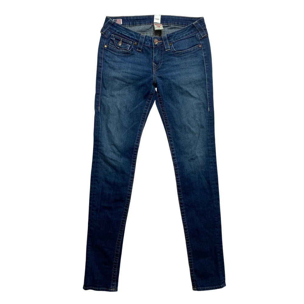 True Religion Jeans Women 29 Blue Skinny Low Rise Rhinestone Button Flap Pocket